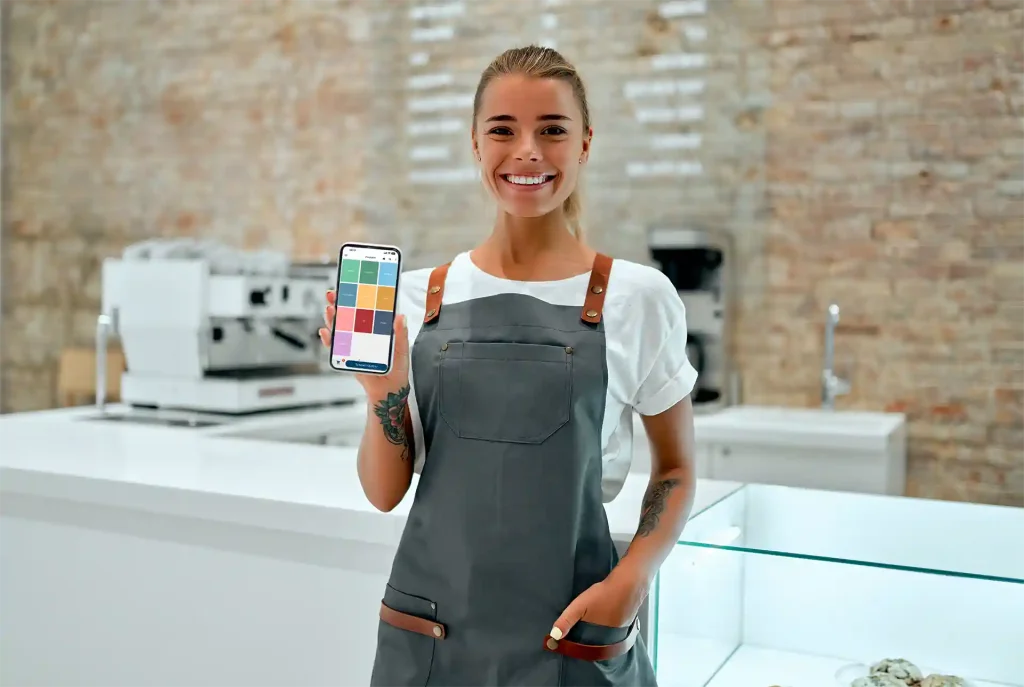 En kvinna som står i en restaurangmiljö framför en vit bardisk. Kvinnan har på sig en vit tshirt och ett grått förkläde. Hon har ena handen i fickan och med den andra håller hon upp en telefon med en knappkarta från Onslip kassasystem app. Kvinnan har brunt hår som är uppsatt och hon ler stort.